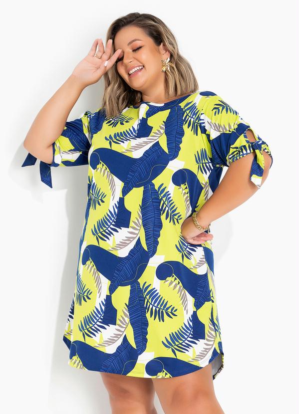 Vestido Folhas Azul Com Amarração Plus Size Marguerite