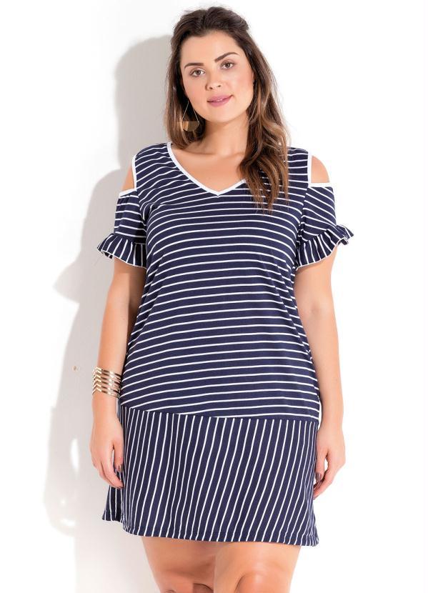 Quintess - Vestido Listrado Marinho com Babado Plus Size