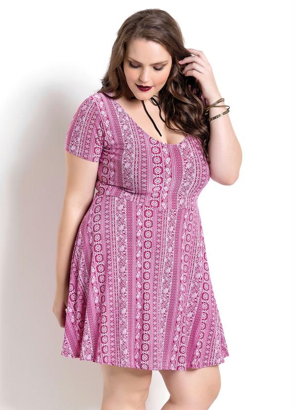 Quintess - Vestido Manga Curta Quintess Étnico Plus Size