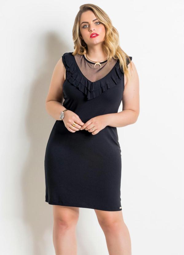 Quintess - Vestido Preto com Tule e Babado Plus Size