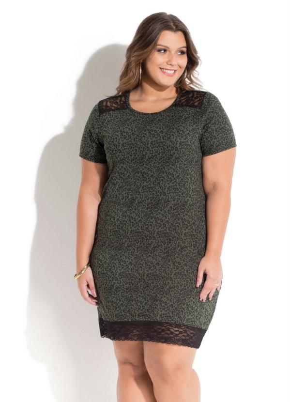 Quintess - Vestido Quintess Onça Verde com Renda Plus Size