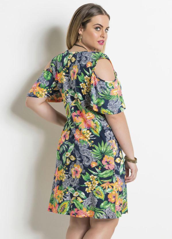 Quintess - Vestido Tropical Ombro Vazado Plus Size Quintess 2