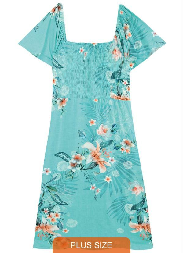 Malwee Plus - Vestido Verde Água Floral Decote Quadrado Plus