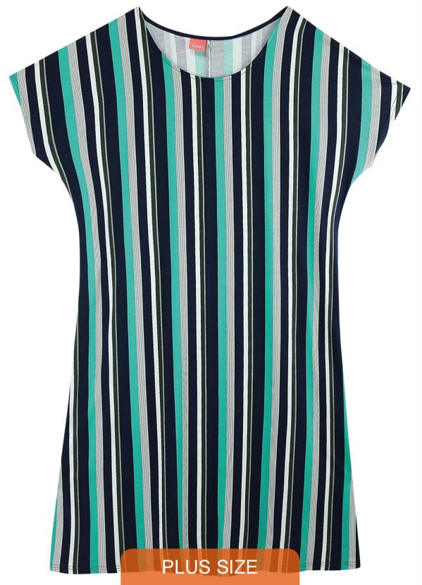 Malwee Plus - Vestido Verde Água Listrado Curto