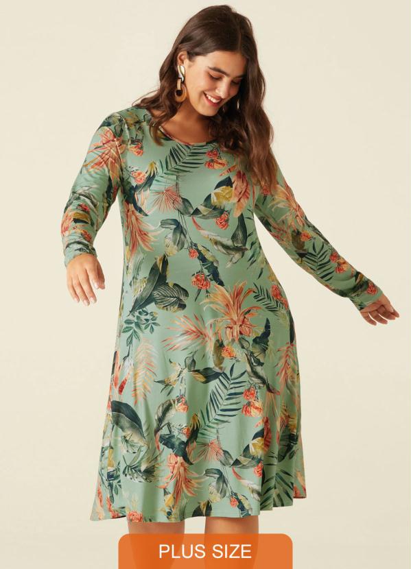 Malwee Plus - Vestido Verde Curto Tropical