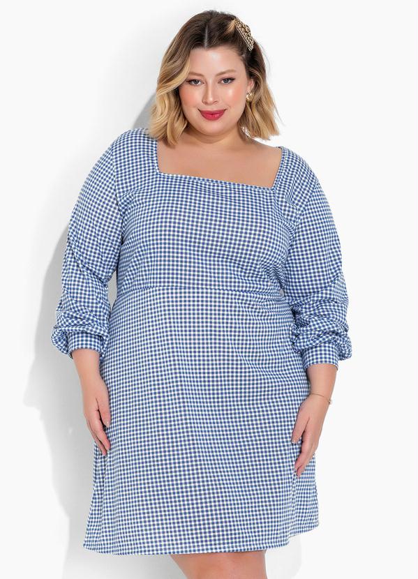 Vestido Xadrez Vichy Azul Com Mangas Plus Size Marguerite