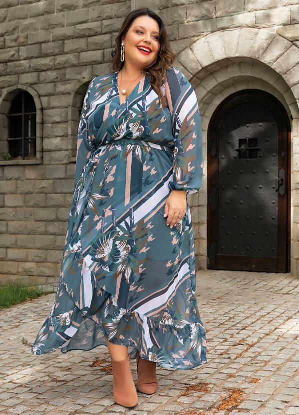 Mink - Vestido Plus Size Transpassado Floral Color