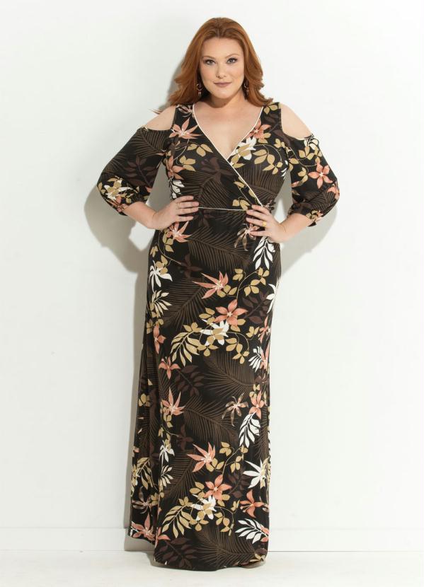 Quintess - Vestido Floral Escuro Ombros Vazados Plus Size