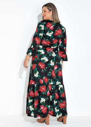Marguerite - Vestido Floral Preto com Babados Plus Size - MARGUERITE