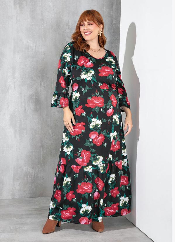 Marguerite - Vestido Floral Preto com Babados Plus Size 4