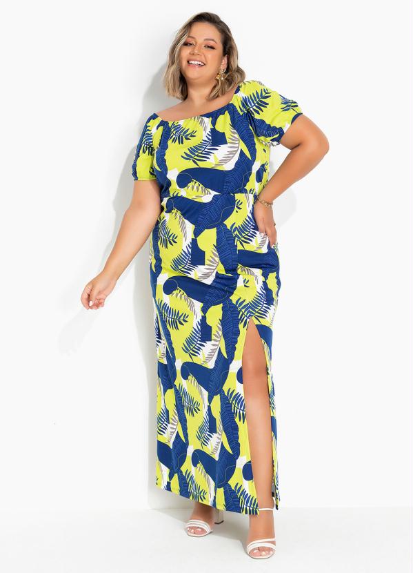 Vestido Folhas Marinho Ombro A Ombro Plus Size Marguerite