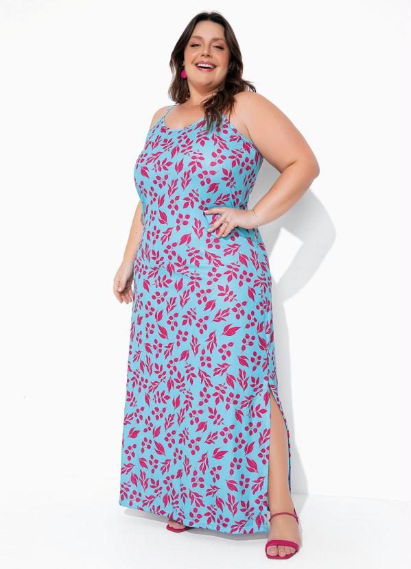 Vestido Longo Com Fendas Plus Size Folhas Azul Marguerite 7234