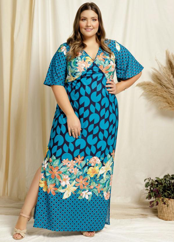 Vestido Longo Floral Azul Com Fendas Plus Size Marguerite 0250