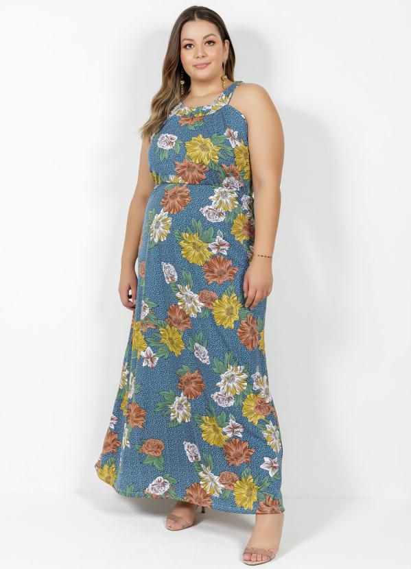 Marguerite - Vestido Longo Floral e Poá Franzido Plus Size