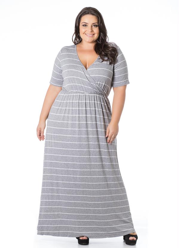 Miss Masy Plus - Vestido Longo Listrado Cinza Miss Masy Plus