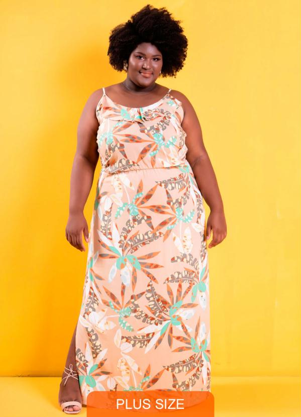 Chic e Elegante - Vestido Longo Maitê Folhagem Bege Plus Size