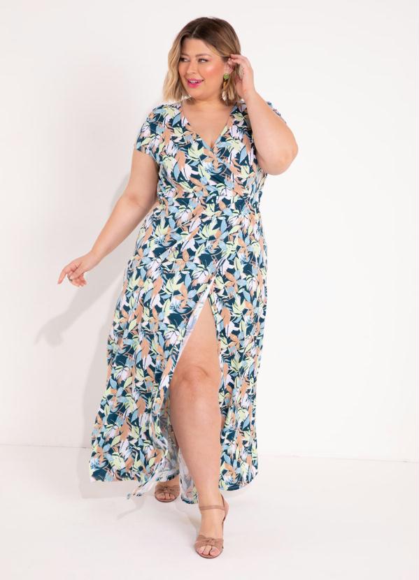 Vestido Transpassado Folhagem Azul Plus Size Marguerite