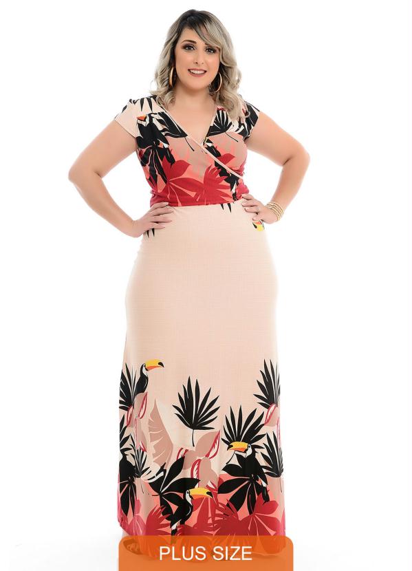 Vestido Transpassado Longo Nude Plus Size Chic E Elegante