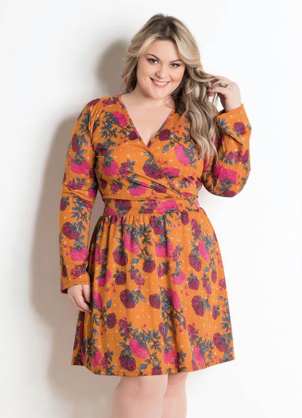 Marguerite - Vestido Caramelo Floral Transpassado Plus Size