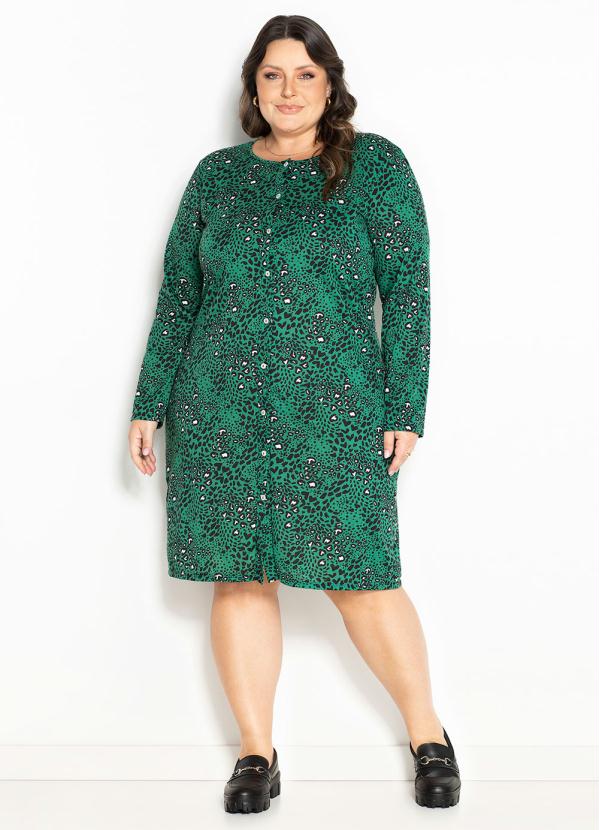 Marguerite - Vestido Animal Print Verde com Botões Plus Size 3