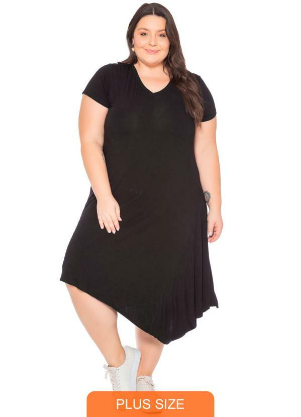 Miss Masy Plus - Vestido Feminino Básico com Barra Diagonal Preto