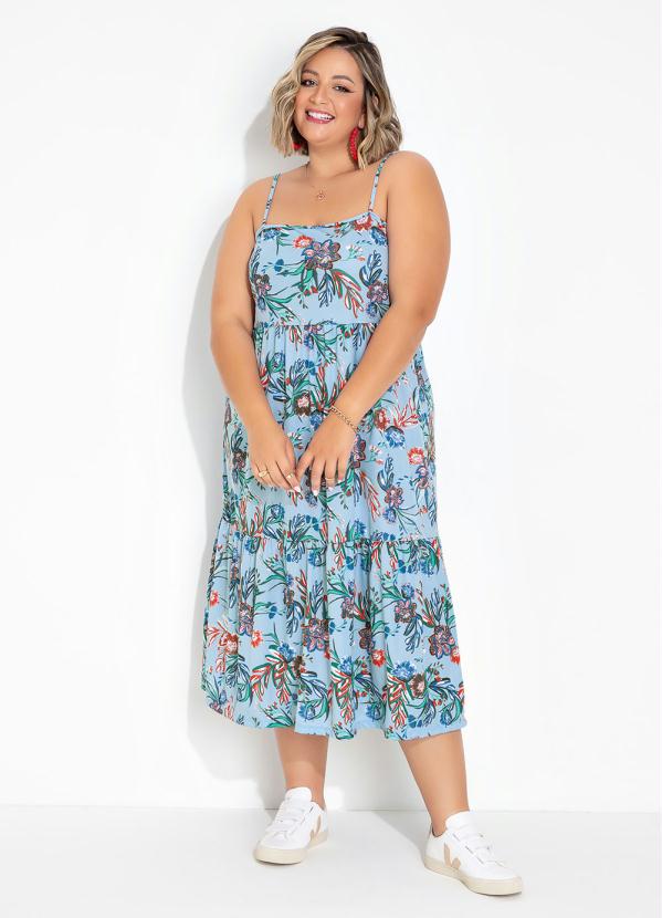 Vestido Floral Azul Com Franzido Plus Size Marguerite