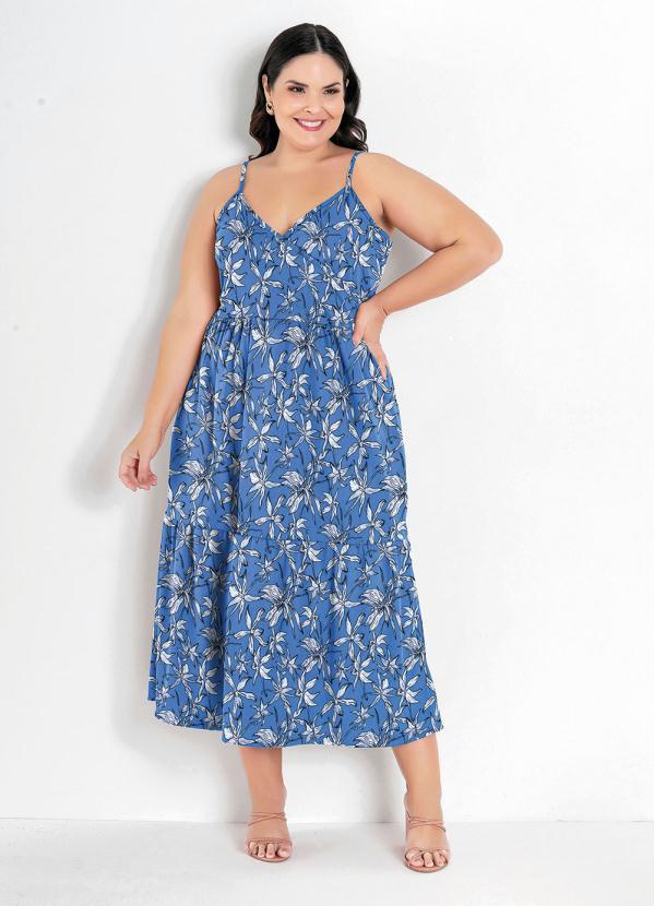Vestido Floral Azul Com Transpasse Plus Size Marguerite