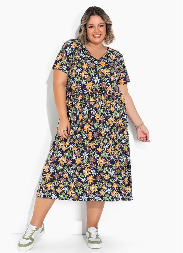 Vestido Floral Azul Mangas Curtas Plus Size Marguerite