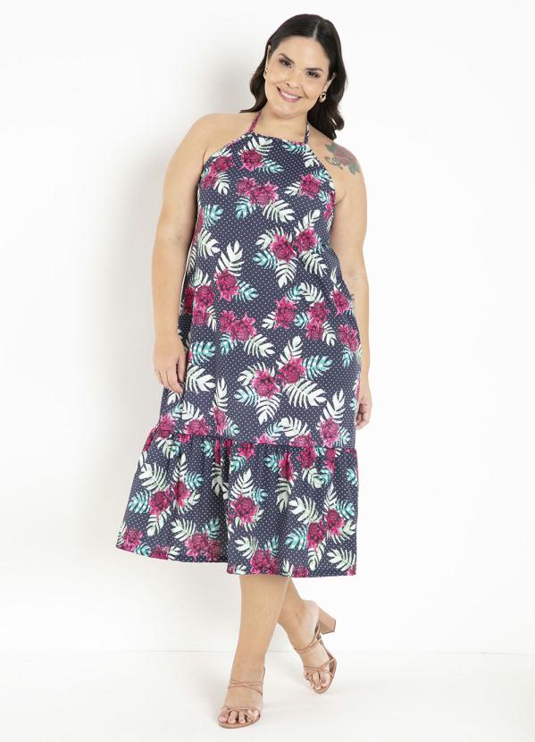 Vestido Floral e Poá Frente Única Plus Size Marguerite