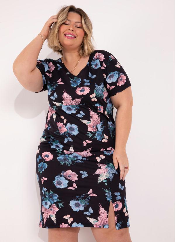 Vestido Floral Preta Com Fenda Plus Size Marguerite