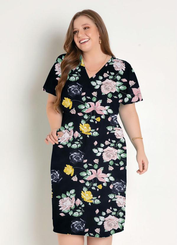 Vestido Floral Preto Transpassado Plus Size Marguerite