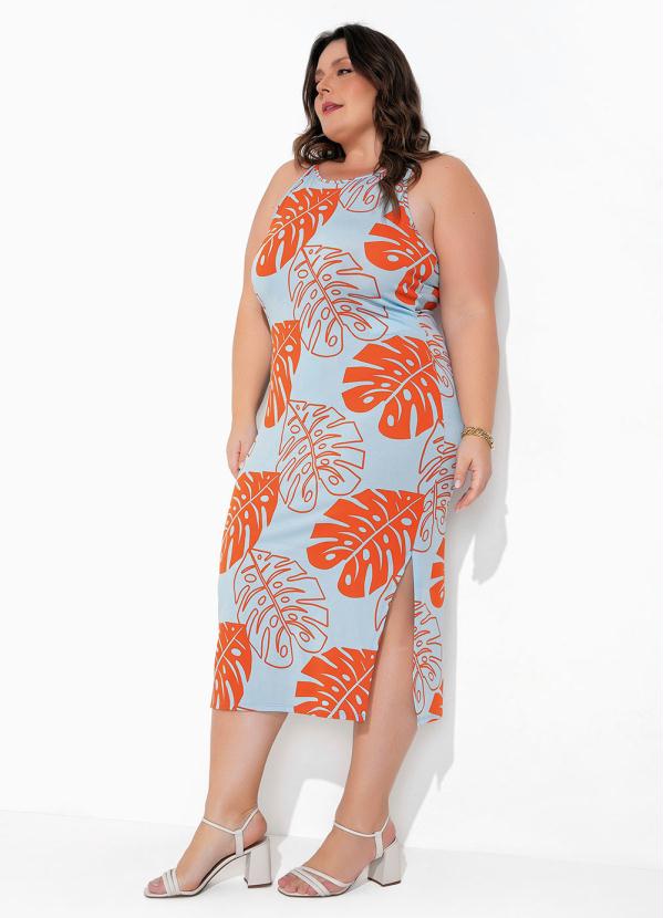 Vestido Folhas Azul Tubinho Com Fenda Plus Size Marguerite