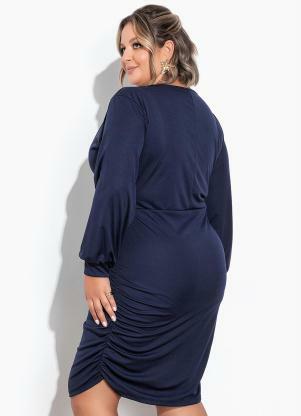 Marguerite - Vestido Marinho com Franzidos Laterais Plus Size - MARGUERITE
