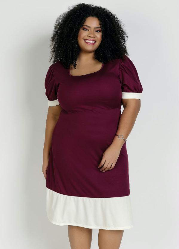 Vestido Midi Bordô e Off White Plus Size Marguerite