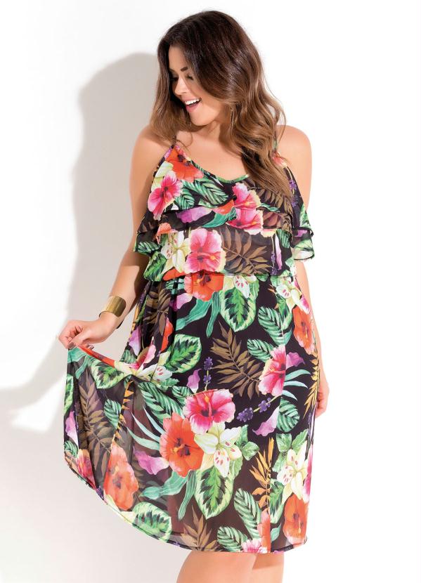 Quintess - Vestido Midi Floral com Babado Plus Size