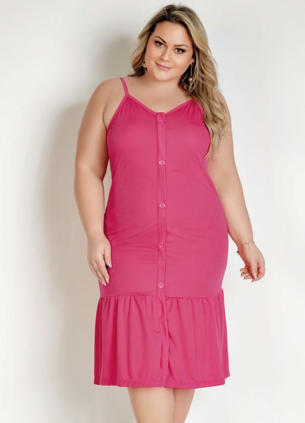 Vestido Midi Pink Com Fenda E Botões Plus Size Marguerite