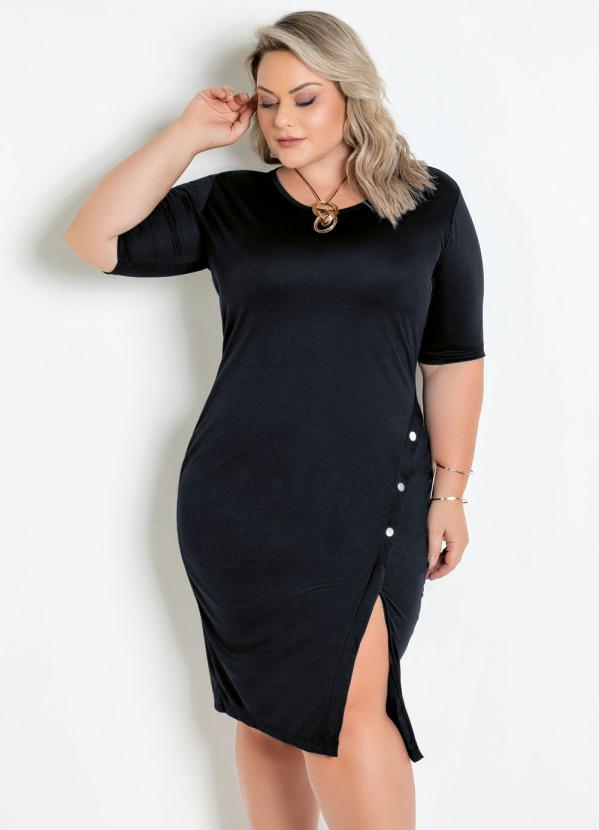 Vestido Midi Preto Com Fenda Lateral Plus Size Marguerite