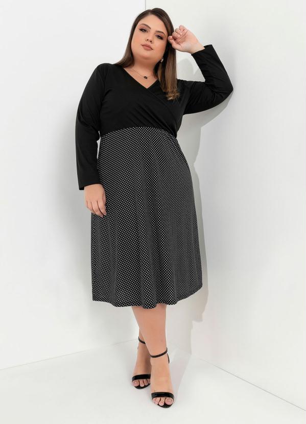 Marguerite - Vestido Midi Preto e Poá Plus Size