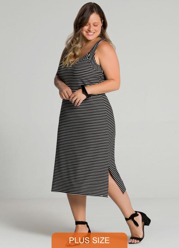 Vestido Estampado Vestido Midi Canelado Preto Plus Size Vestido
