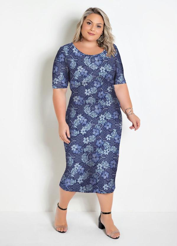 Vestido Plus Size Midi Flores Azul Mangas 3 4 Marguerite