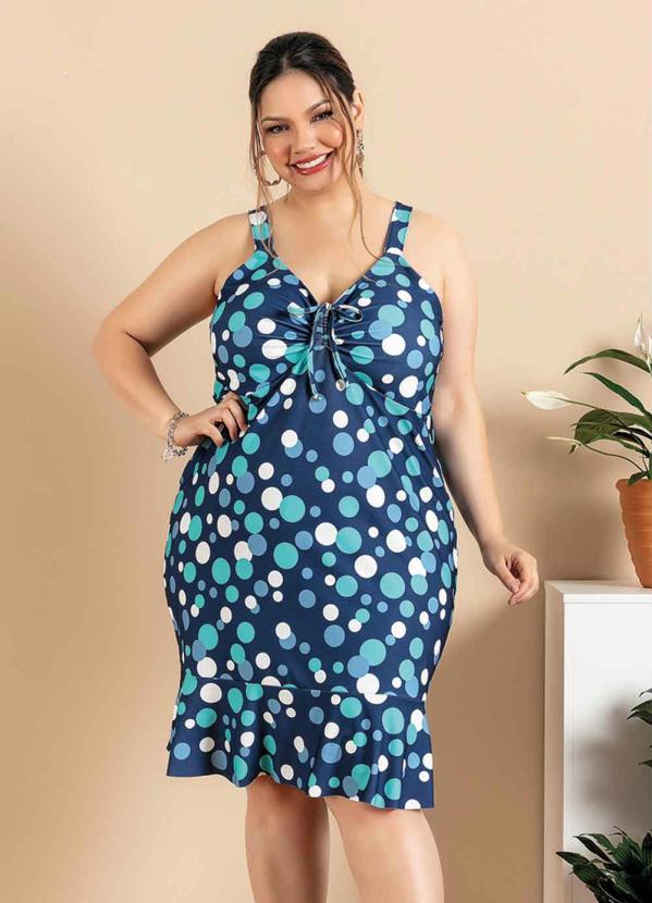 Vestido Plus Size Poá Azul com Franzido Outlet