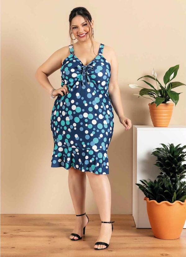 Outlet - Vestido Plus Size Poá Azul com Franzido 3