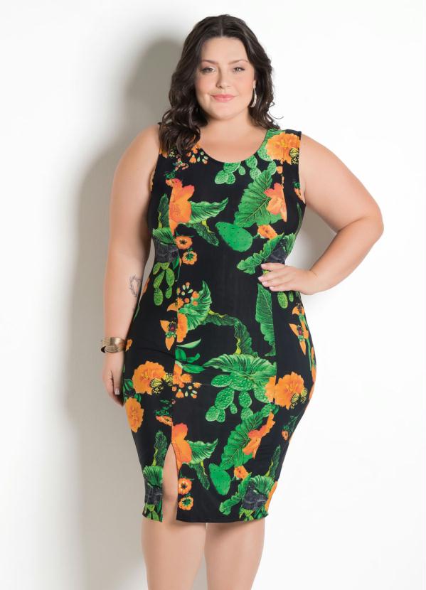 Vestido Plus Size Tubinho Com Fenda Folhagem Marguerite