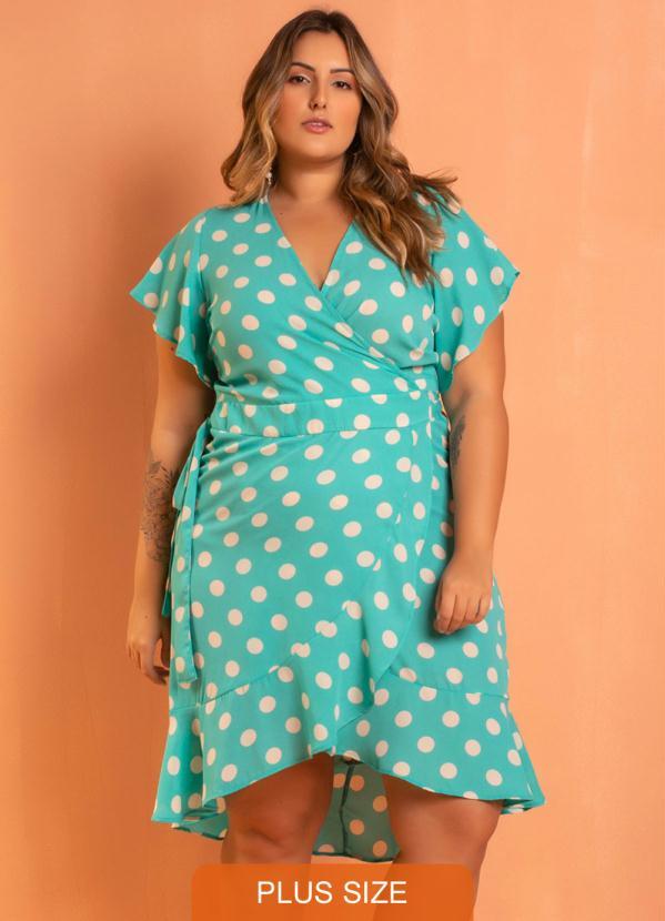 Sale Brands - Vestido Poá Tiffany Transpassado Plus Size Azul