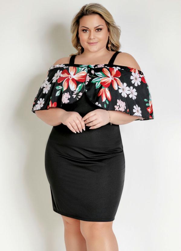 Vestido Preto E Floral Babados Plus Size Marguerite