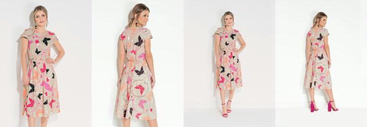 Vestido Quintess Midi Borboletas Bege