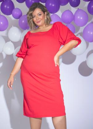 VESTIDO FEMININO PLUS SIZE MIDI LISO VERMELHO - Rimale Jeans