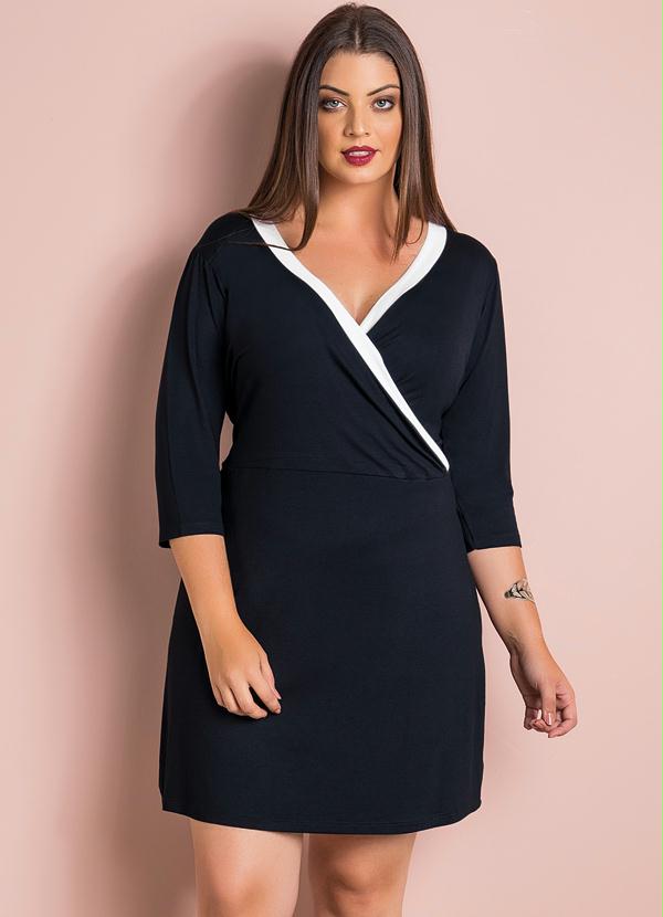 Quintess - Vestido Decote V Preto e Branco Plus Size