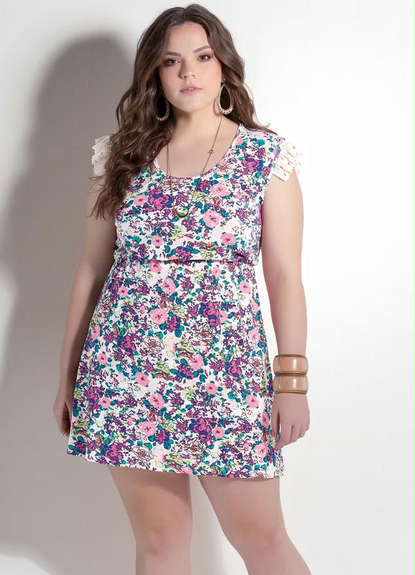Quintess - Vestido Floral com Renda nas Mangas Plus Size
