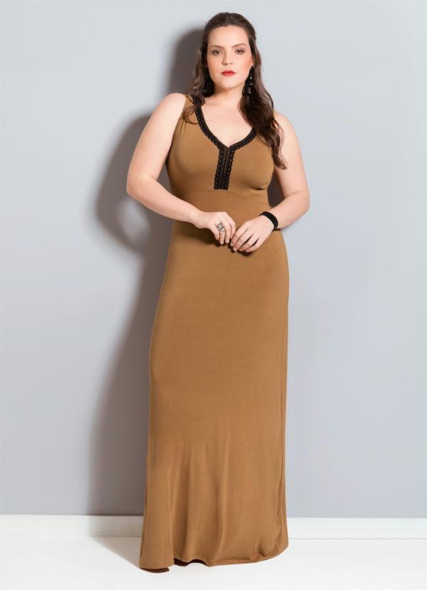 Quintess - Vestido Longo Quintess Caramelo Plus Size